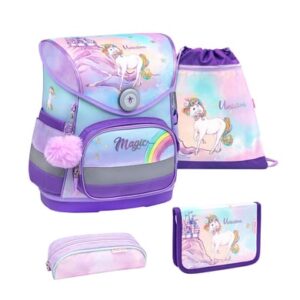 Belmil Schulranzen Compact Schulranzen Set 4-teilig mit Brustgurt Rainbow Unicorn Magic